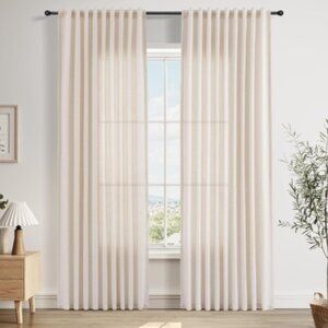 Pair of Linen Curtain Panels 53 x 84 Off White Beige Textured Curtains Set of 2